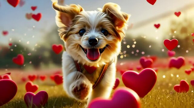 Happy playful puppy dog running through field with floating red heart shapes, spreading love and joy for every pet animal lover
