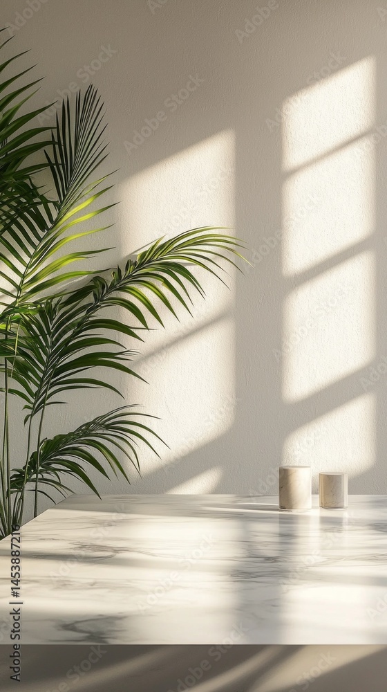 Poster a serene indoor setting features a lush green plant next to a smooth marble table. soft afternoon su