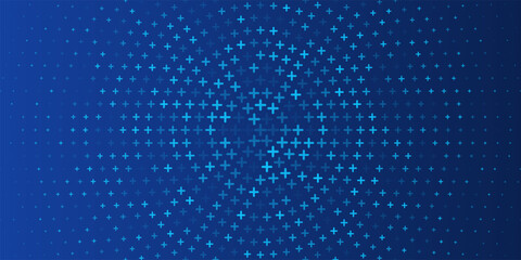 Medical blue background. Healthcare blue circle pattern with glowing plus signs. Seamless abstract futuristic digital backdrop with pixelated geometric elements. Modern technology vector illustration.