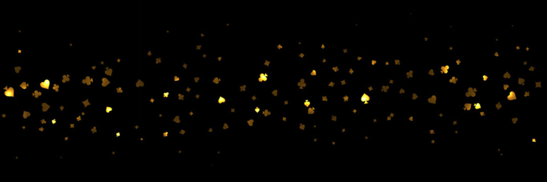 Casino background. Falling golden glowing playing cards on black background. Sparkling hearts, clubs, diamonds and spades on dark. Online gambling concept. VIP abstract vector illustration
