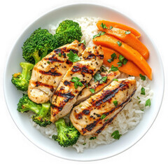Grilled chicken breast with broccoli carrots and rice in a white bowl overhead close up view image