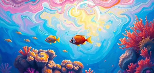 Fototapeta premium Vibrant oil pastel underwater scene; swirling coral, luminous fish, glowing, pastel
