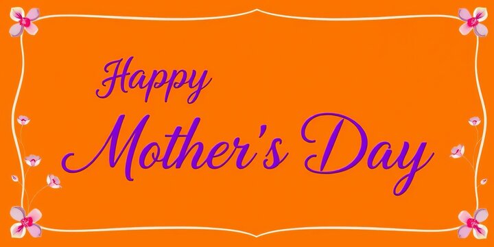 Vibrant orange background, elegant purple script "Happy Mother's Day", delicate white curve frame, abstract, background