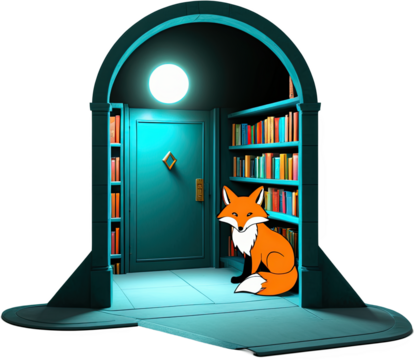 A cartoon fox sits guarding a blue doorway with books in a surreal and dreamy atmosphere. - Powered by Adobe