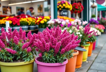Vibrant pink heather (Calluna vulgaris) in colorful pots displayed outside a bustling flower shop,  landscaping, pink flowers