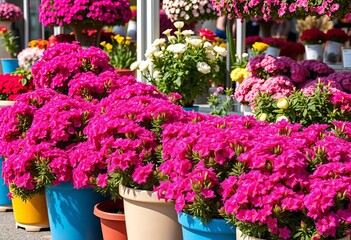 Vibrant pink heather blooms fill colorful pots, overflowing in a sunny outdoor flower shop, outdoor market,  spring flowers