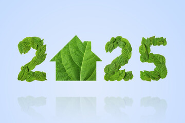 Green leaves in the shape of numbers 2025 and home on a blue background. New Year 2025 save it earth environment and our planet. Earth day 2025 concept and green recycling