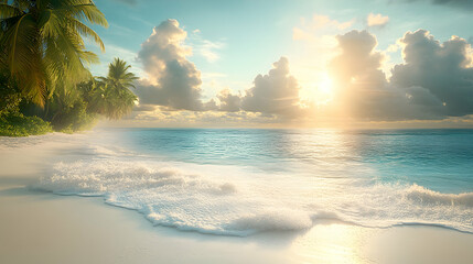 A serene tropical beach scene with white sand, turquoise water, and a golden sunrise behind palm trees