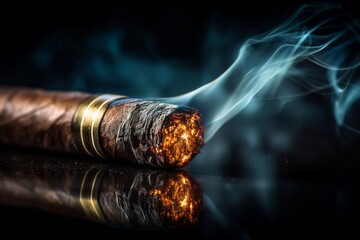 Burning tobacco product with smoke on dark surface producing an atmospheric mood and reflection