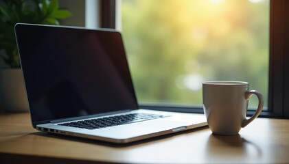 Fototapeta premium Laptop on desk, empty coffee cup, window view, isolation, minimalist, clean
