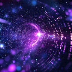 Obraz premium Abstract futuristic quantum computing technology concept with floating binary code and glowing purple energy core in dark space, data processing hi tech science innovation background.