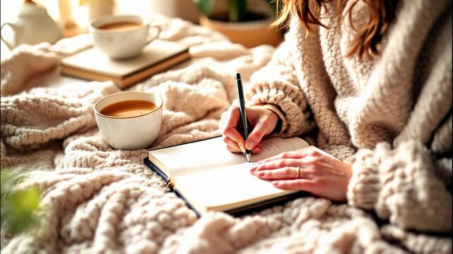 Woman in sweater writing in notebook, with cup of coffee. Morning planning, journaling in cozy home. Author inspiration and lifestyle for creative work.
