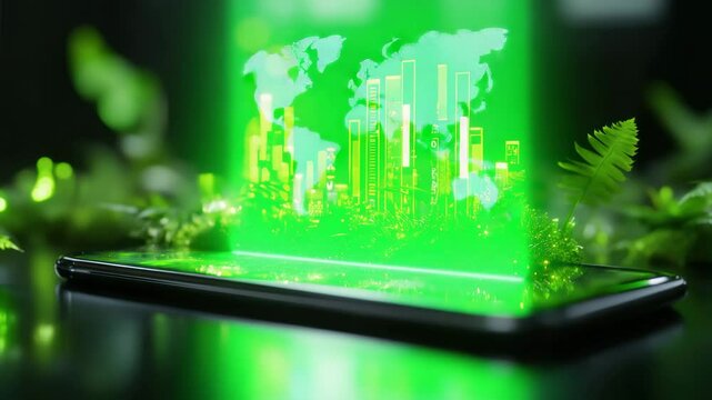 A world map is projected onto green plants and a graph on a lying smartphone