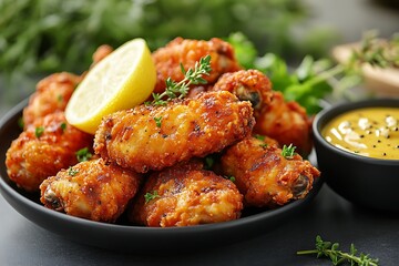 Aromatic lemonherb garnished chicken wings served on a dark plate beside mustard sauce appear tasty