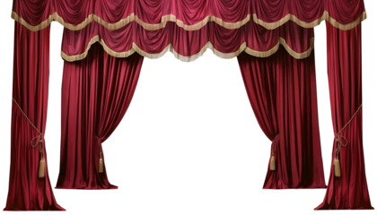 Elegant maroon curtains with gold trim isolated on transparent background png cutout