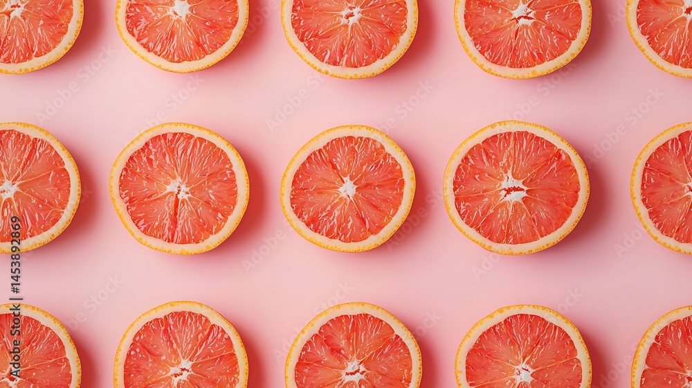 Poster sliced grapefruits arranged in a symmetrical pattern on a pastel pink background.