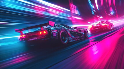 High-speed race cars in neon tunnel