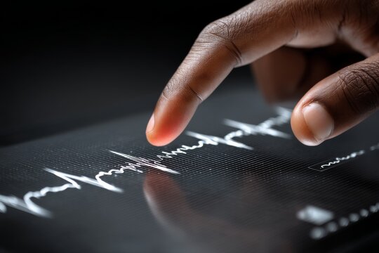African descent adult touches screen displaying waveform for data analysis and scientific research for healthcare or technology application.