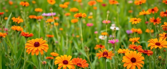 Vibrant summer wildflowers, orange and red blooms in lush green field, watercolor style, digital art, flower