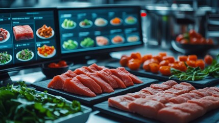 Futuristic Kitchen with AI-Controlled Tools and Fresh Ingredients Ready for Cooking