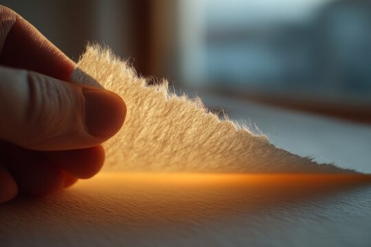 Hand holds paper sheet revealing soft warm glow; Rough-edged material against blurred window background showing texture