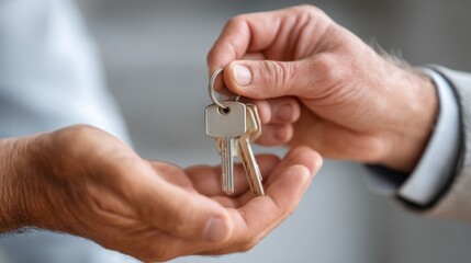 In a moment of excitement, a real estate agent transfers house keys to a new homeowner, symbolizing the completion of a successful property purchase. The exchange demonstrates joy and accomplishment