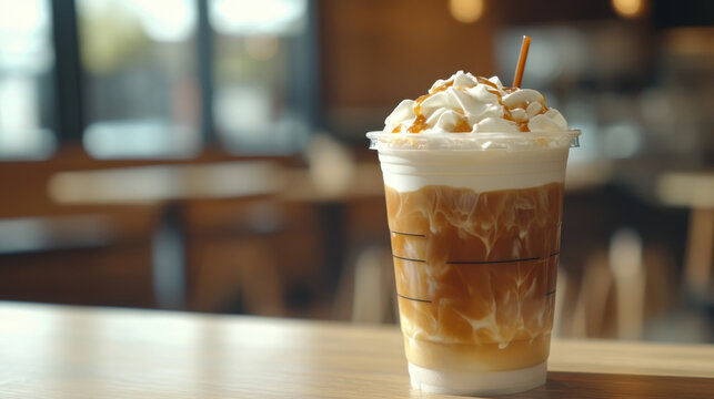 Iced caramel latte with whipped cream in a plastic Starbucks-style cup, caf&Atilde;&copy; setting.