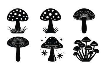 Collection of Six Stylish Mushroom Silhouettes Perfect for Design Projects