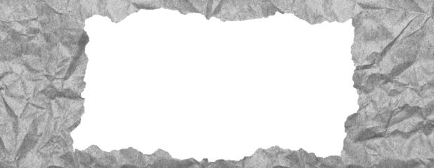 Greyscale Torn Wrinkled Paper Frame with Crumpled Texture on Transparent Background