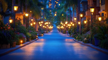 Night street lined with palm trees and lanterns