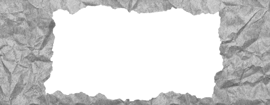 Greyscale Torn Wrinkled Paper Frame with Crumpled Texture on Transparent Background