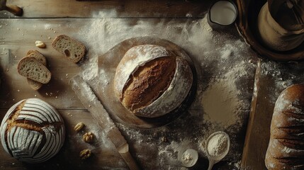Various types of baked bread on floury surface