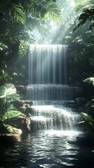 Lush waterfall cascading down rocky steps in a tropical garden, bathed in sunlight