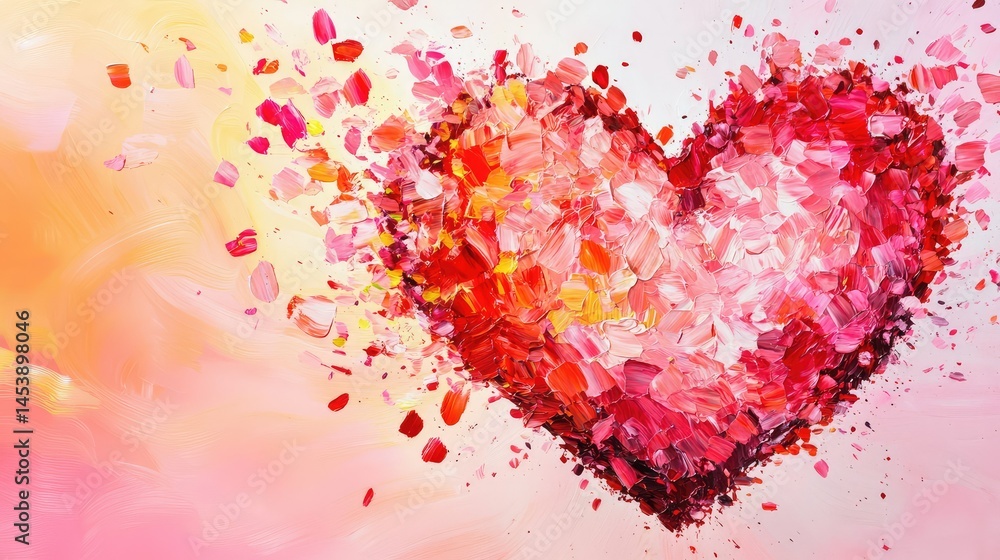 Poster bold asymmetrical heart artwork blending vivid reds and soft pinks in a modern abstract composition 
