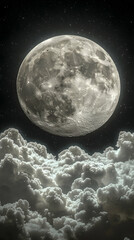 A large cratered moon hangs above a sea of fluffy clouds against a backdrop of a starry night sky  The scene is serene