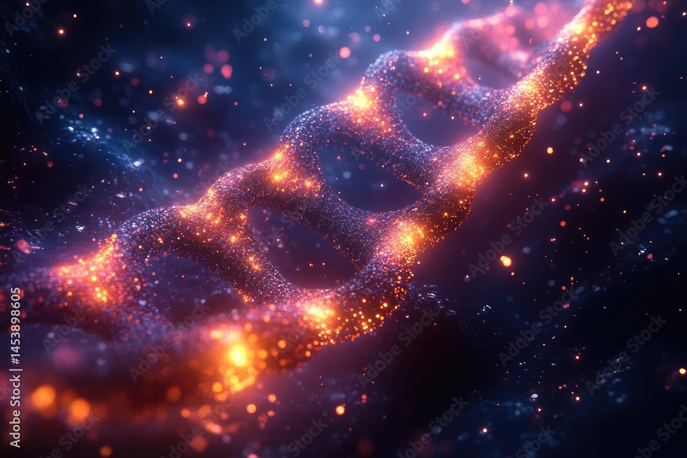 Poster dynamic representation of a glowing double helix.