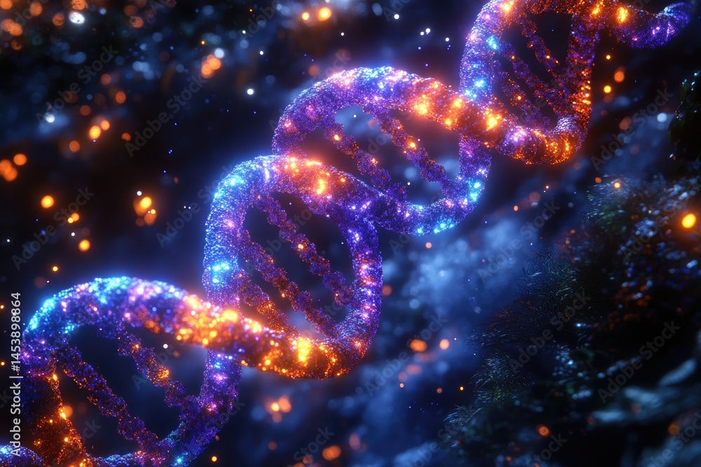 Poster intricate glowing double helix structure in a dark background.