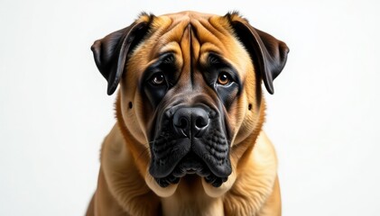 Fototapeta premium Imposing mastiff, intense gaze, pure white backdrop, animal, brown, powerful
