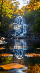 Obraz premium Autumn waterfall cascading into a tranquil pool, reflected perfectly in the still water, surrounded by colorful trees