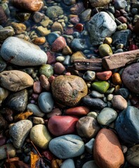 Colorful pebbles scattered in a clear stream at sunset