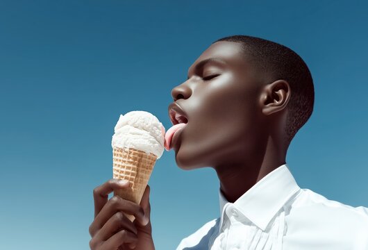 Androgynous African young man in crisp white shirt sensually licking vanilla ice cream cone under clear blue sky in summer light