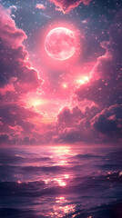 Pink moon over a calm sea glowing clouds and stars in dreamy pink sky