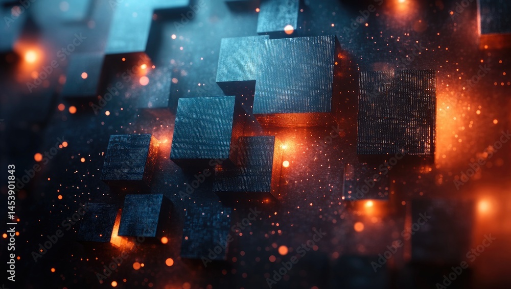 Poster abstract design of clustered metal cubes with glowing lights.