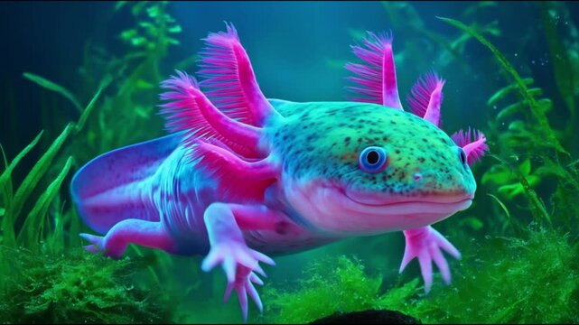 Colorful axolotl swimming underwater among green plants &ndash; close-up of exotic amphibian in natural aquatic habitat