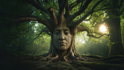 The ancient tree with big roots and human face in mystical forest. A Forest Spirit. Fantasy tree. Ai generated