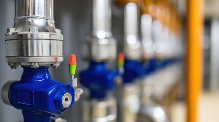 Close-up of industrial valves in a factory setting, showcasing precision engineering and functionality