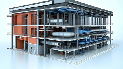 3D cutaway view of a modern industrial building, revealing internal mechanical systems and infrastructure