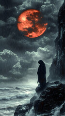 Obraz premium A lone figure in a dark robe stands on a cliff overlooking a stormy sea, a blood-red moon hangs in the sky above a looming castle
