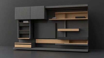 Elegant modular wardrobe with open shelving and concealed drawers, displayed on dark charcoal backdrop