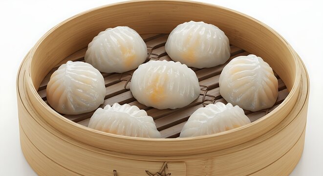 Thai steamed dumplings (Kanom Jeeb) in a bamboo steamer, white background